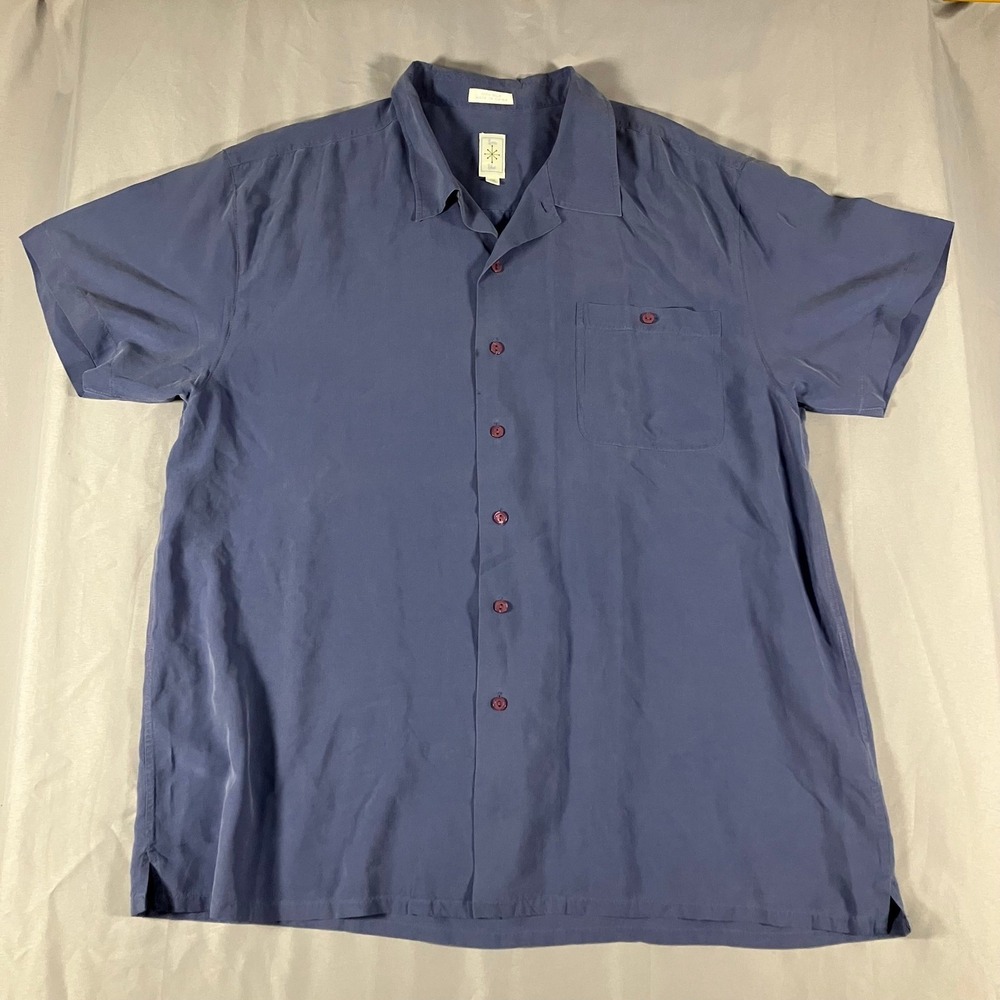 Burma Bibas Mens XXL Silk Short Sleeve Button Down Camp Shirt Slate Blue